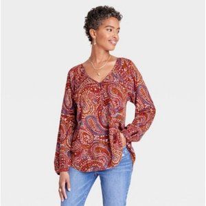 Knox Rose Top Large Burgundy Pink Blue Paisley Boho Peasant Blouse V-Neck Womens